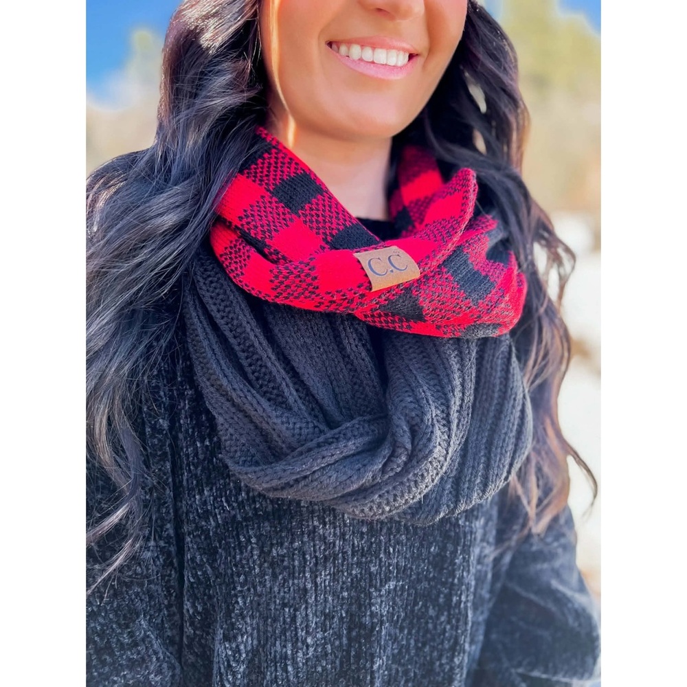CC Beanie Red and Black Buffalo Plaid Checkered Knit Infinity Scarf